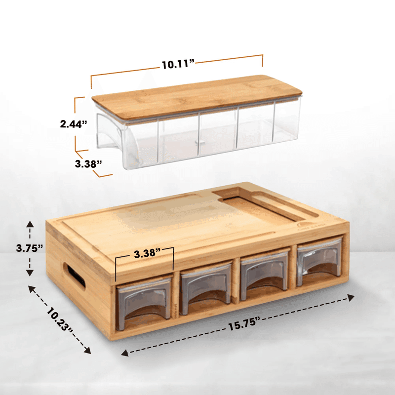 Bamboo Cutting Board with Integrated Graters and 4 Storage Trays
