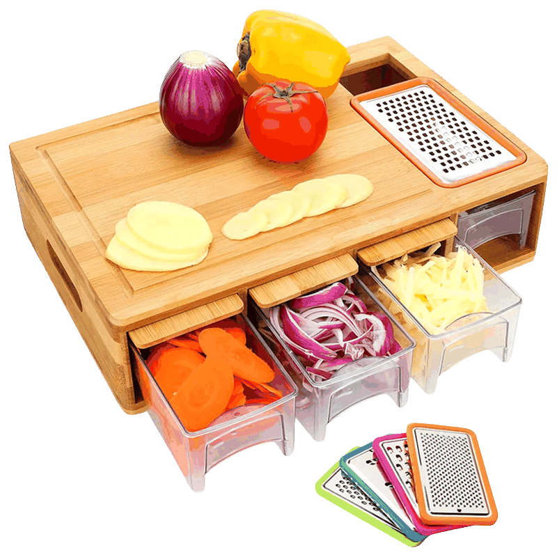 Bamboo Cutting Board with Integrated Graters and 4 Storage Trays