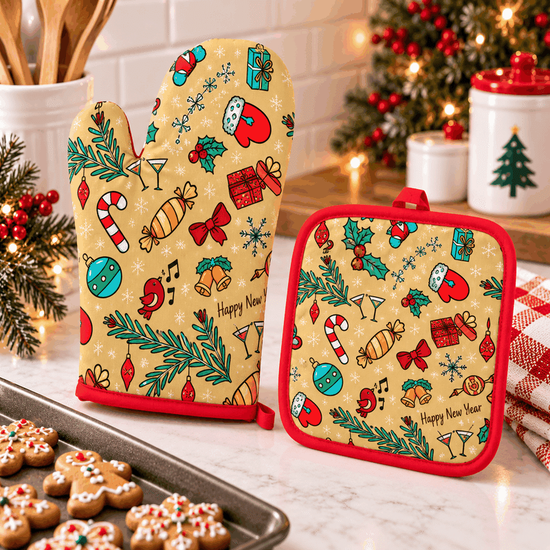 2 Piece Festive Kitchen Oven Mitt Set