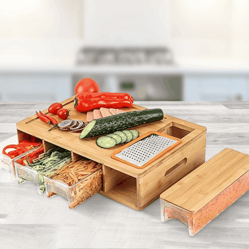 Bamboo Cutting Board with Integrated Graters and 4 Storage Trays