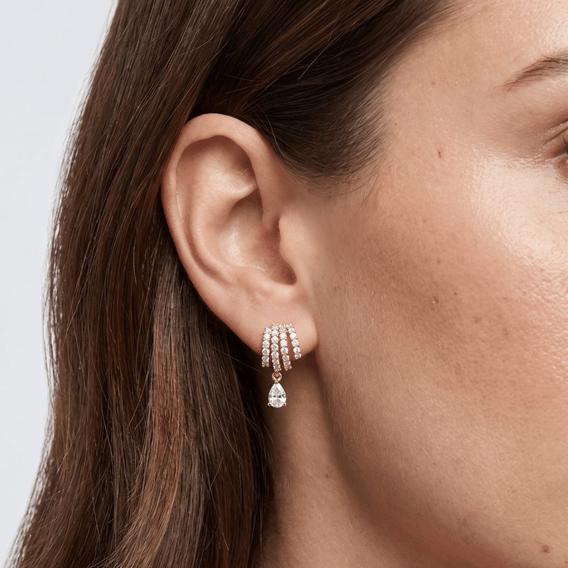 4 Cttw Pave Cz Mini 4-Hoops W/Pear Drop Earrings