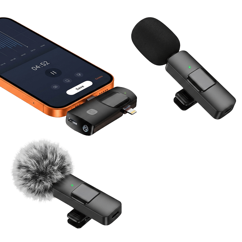 Wireless Lavalier Mic Set with 3-in-1 Receiver and Fuzzy Foam Attachments