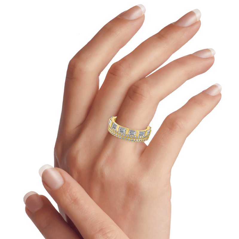 3 Cttw Emerald/Round Cz 3-Row Banded Ring