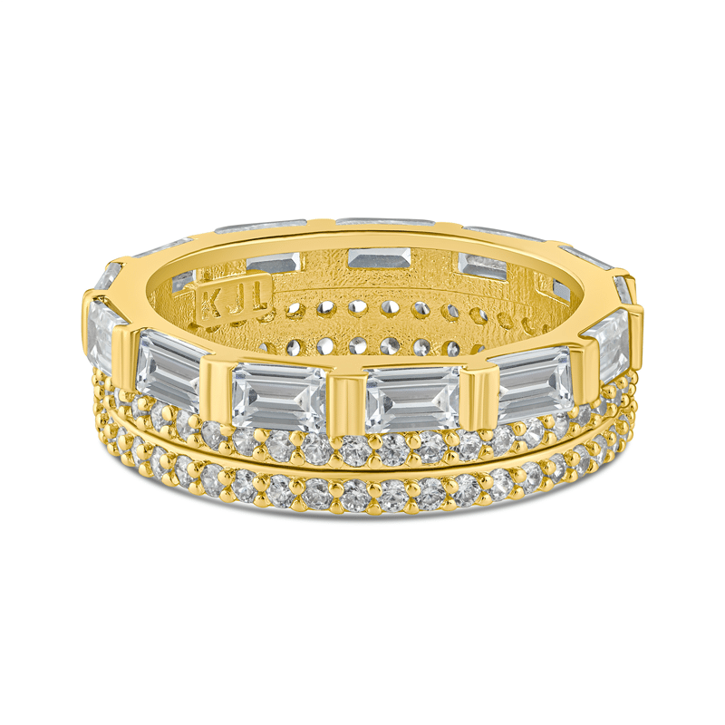 3 Cttw Emerald/Round Cz 3-Row Banded Ring