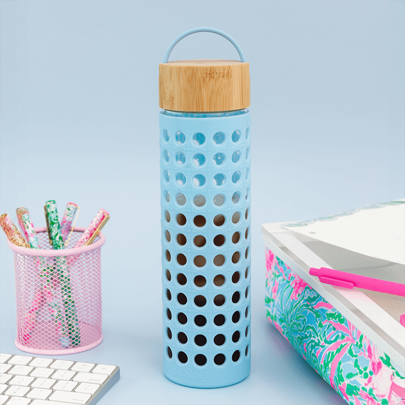 Glass Water Bottle, Caning Blue