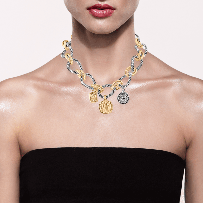 Chunky 2Tone Cable Chain Coin Charm Necklace