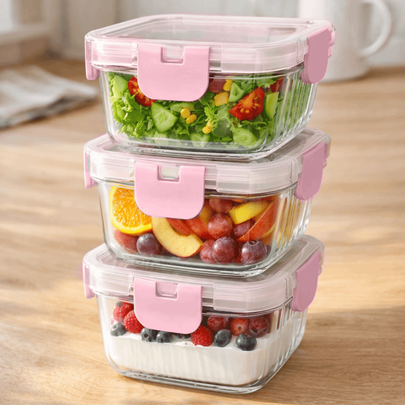 Fluted Glass Containers w/PP Lids - Pink
