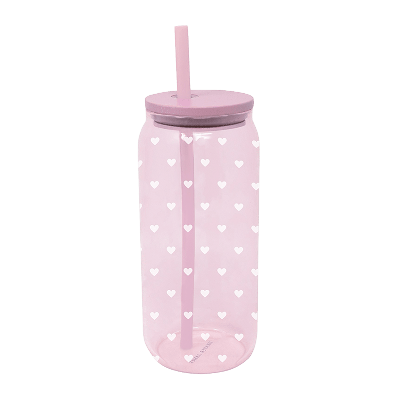 Glass Tumbler with Straw, Mini Hearts White