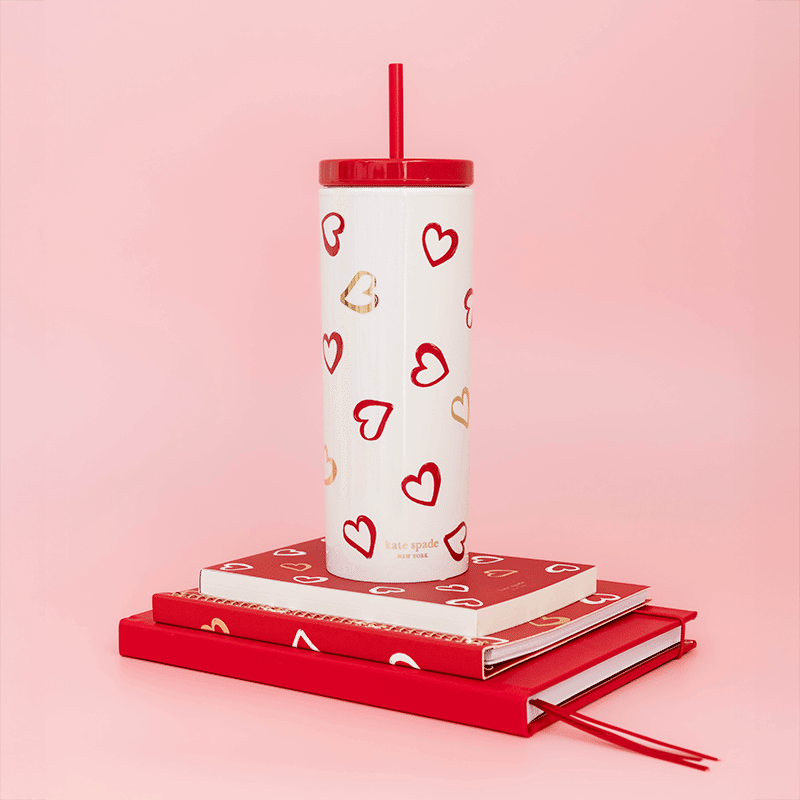 Acrylic Tumbler with Straw, Brushstroke Hearts