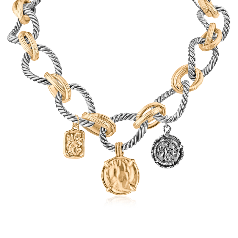 Chunky 2Tone Cable Chain Coin Charm Necklace