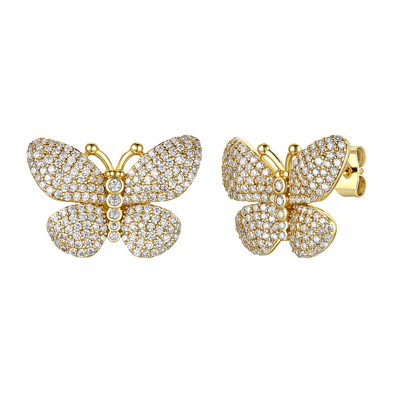 Gold Plated French Pave CZ Butterfly Stud Earrings