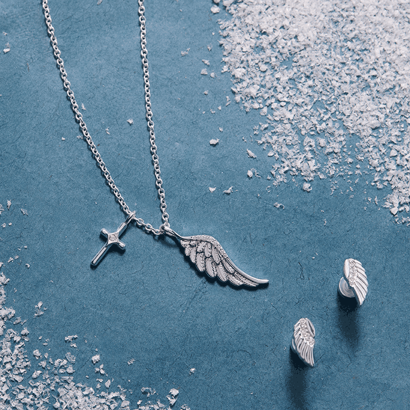 Cross And Angel Wing Charm Necklace