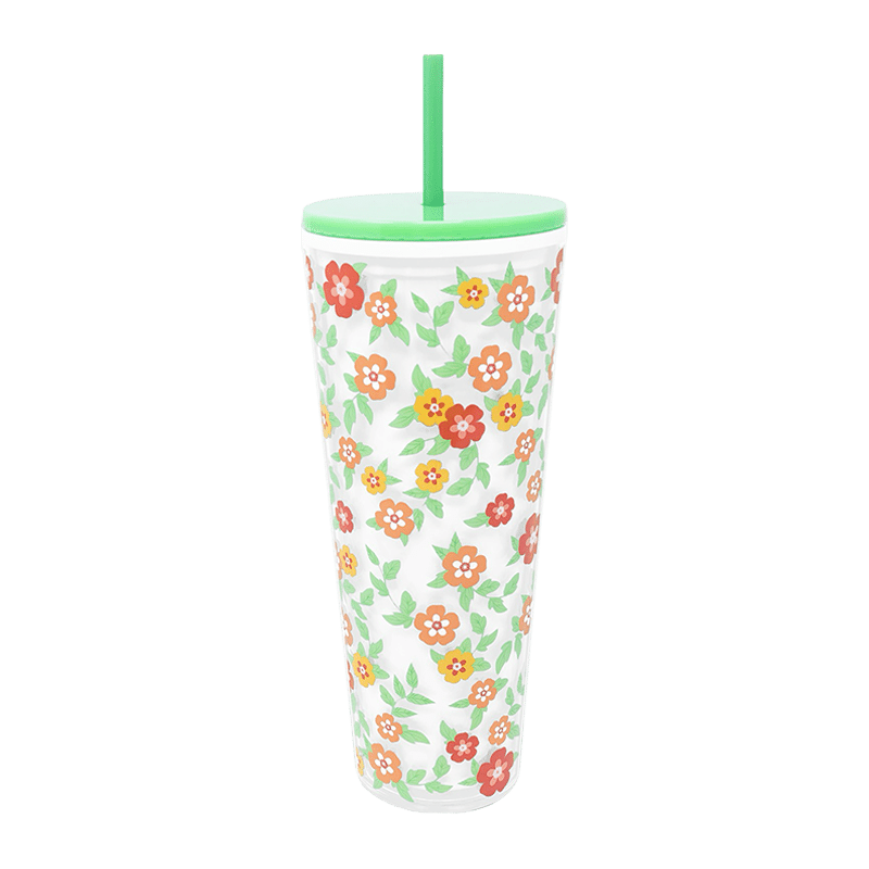 Acrylic Tumbler with Straw, Floral Cloud Dancer