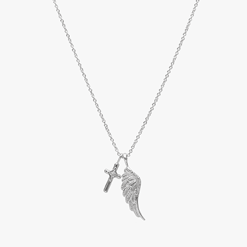 Cross And Angel Wing Charm Necklace