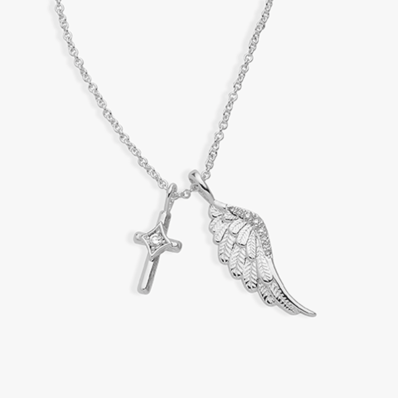 Cross And Angel Wing Charm Necklace