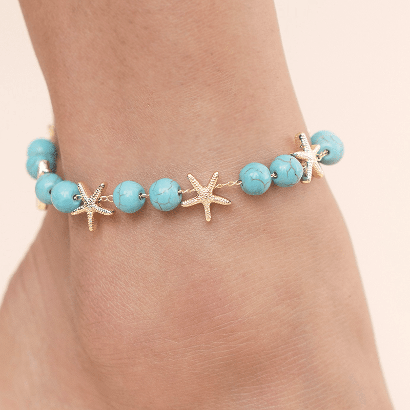 18K Gold Plated Starfish and Turquoise Beaded Anklet