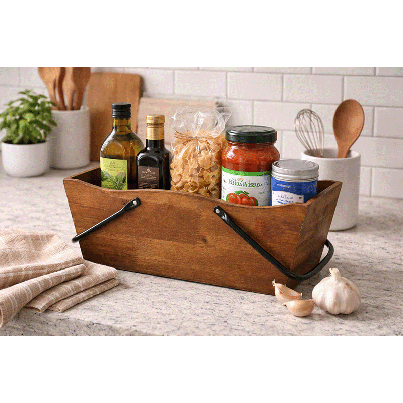 Wooden Decor Basket with Black Handles