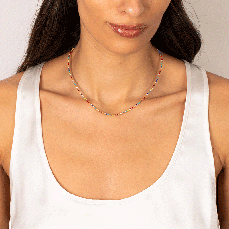 Rainbow & Gold Thin Beaded Necklace