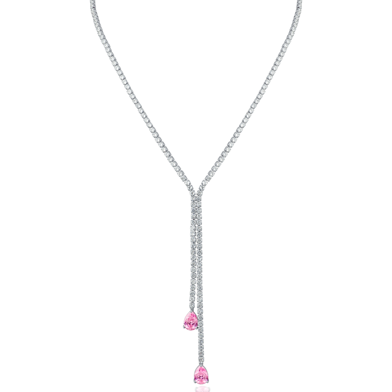10 CTTW Round & Pear Cut CZ Double Drop Y Necklace
