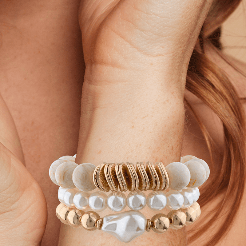 Triple Pearl & Gold Stretch Bracelet Set (Natural)