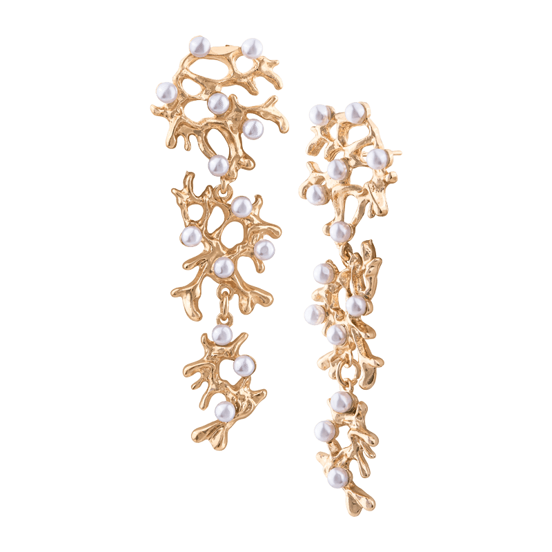 Pearl Studded Coral Leaf Drop Earrings