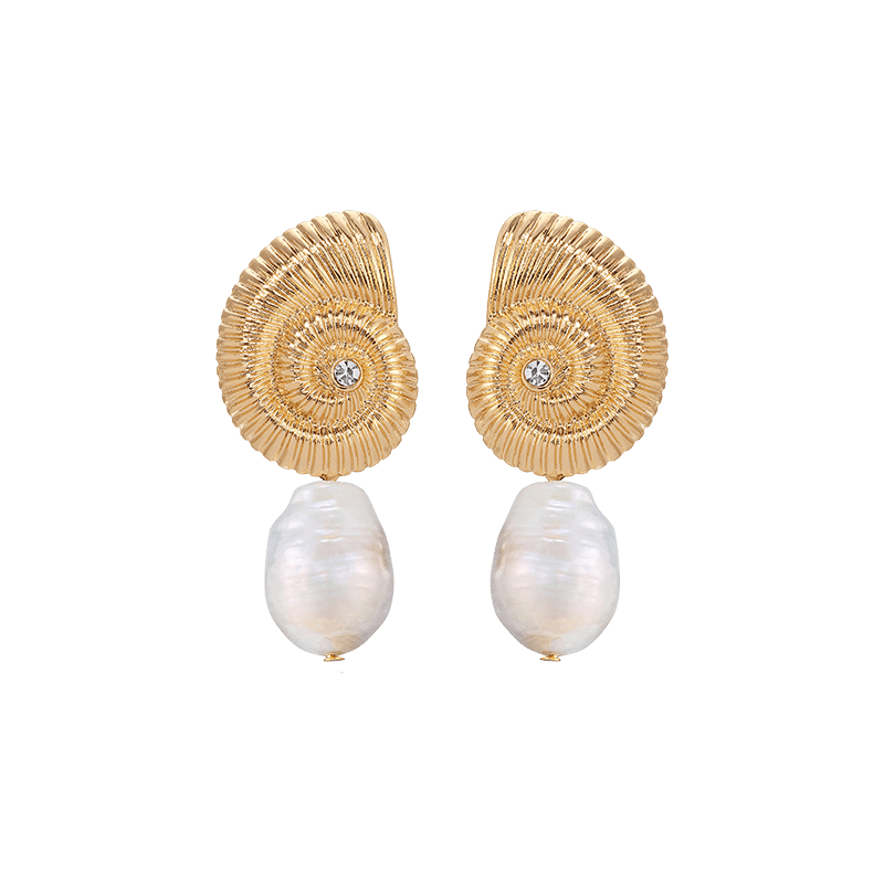 18K Gold Plated Nautilus Shell Freshwater Pearl Dangle Earrings