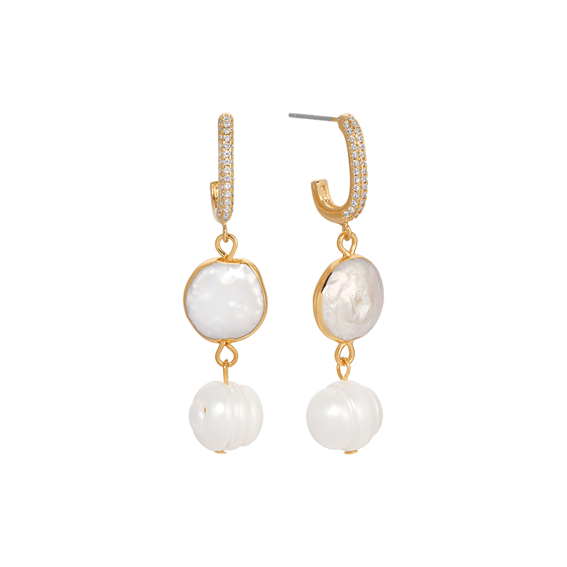 18K Gold Plated Dangling Freshwater Pearl Huggie Hoop Earrings