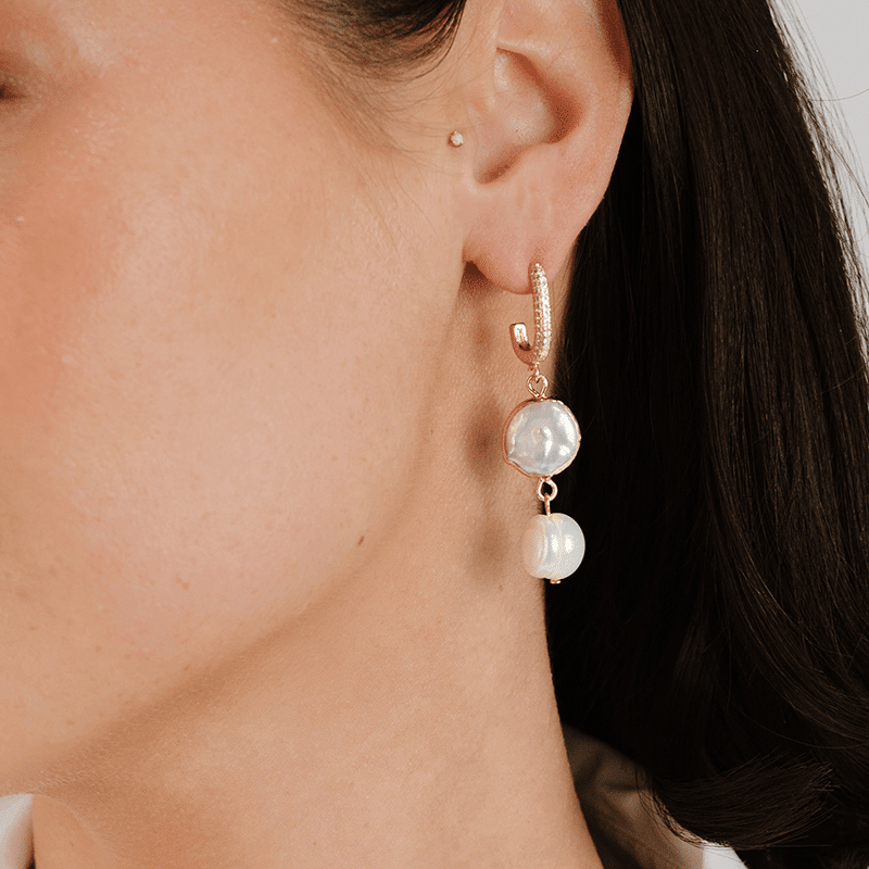 18K Gold Plated Dangling Freshwater Pearl Huggie Hoop Earrings