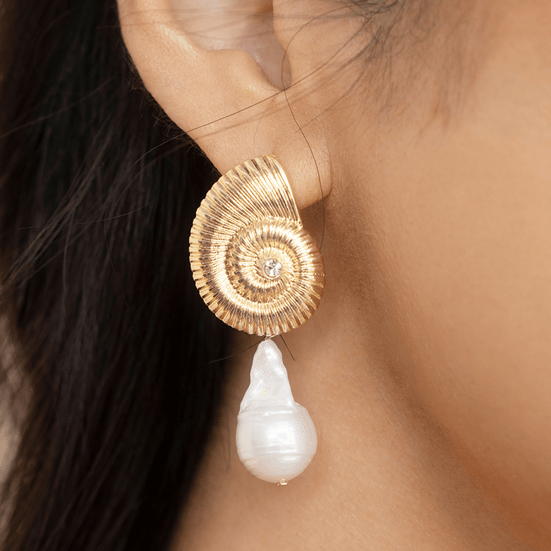 18K Gold Plated Nautilus Shell Freshwater Pearl Dangle Earrings