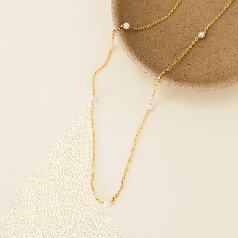18K Gold Plated Dainty Pearl Station Necklace