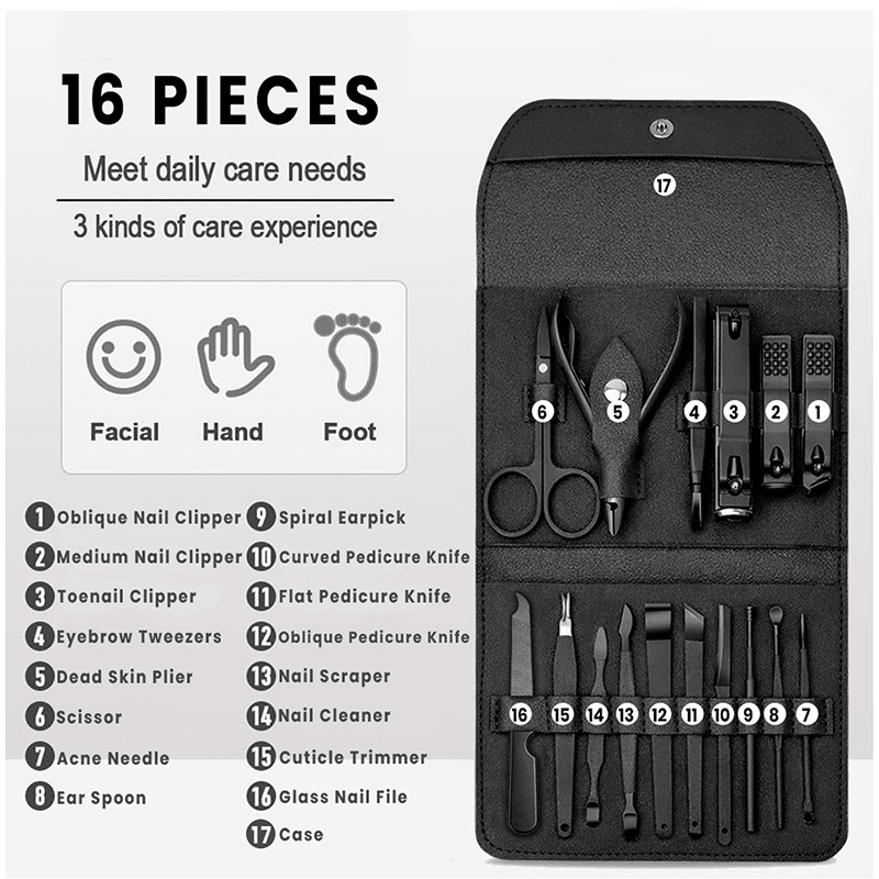 16 Piece Stainless Steel Manicure & Pedicure Set with Case