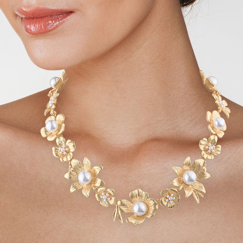 Vintage Floral Pearl Statement Necklace