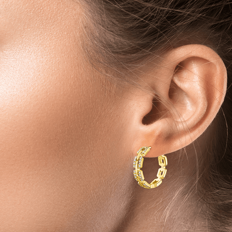 2 CTTW Micro-Pave CZ Link Medium Hoop Earrings