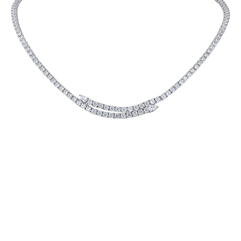 28 CTTW Bypass CZ Tennis Necklace with Pear Tips