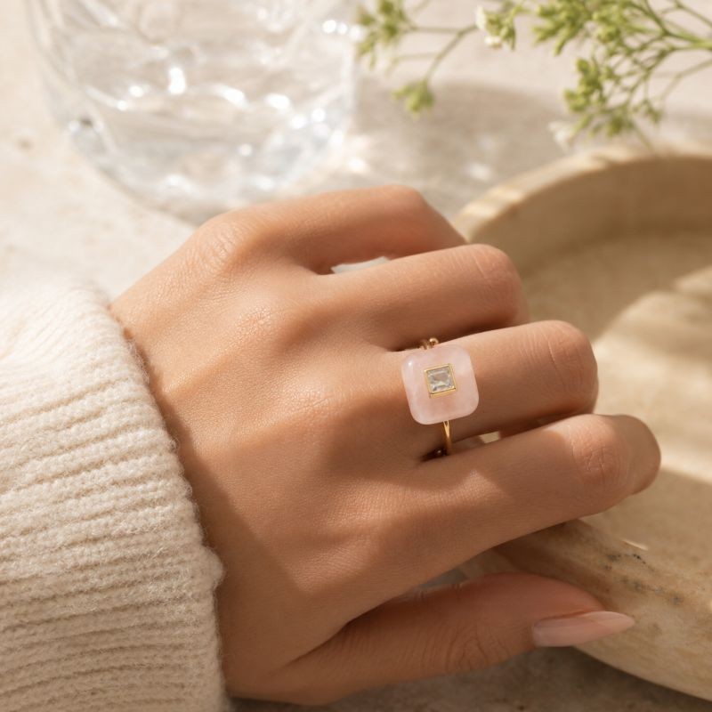 CZ Square Bezeled Natural Stone Ring