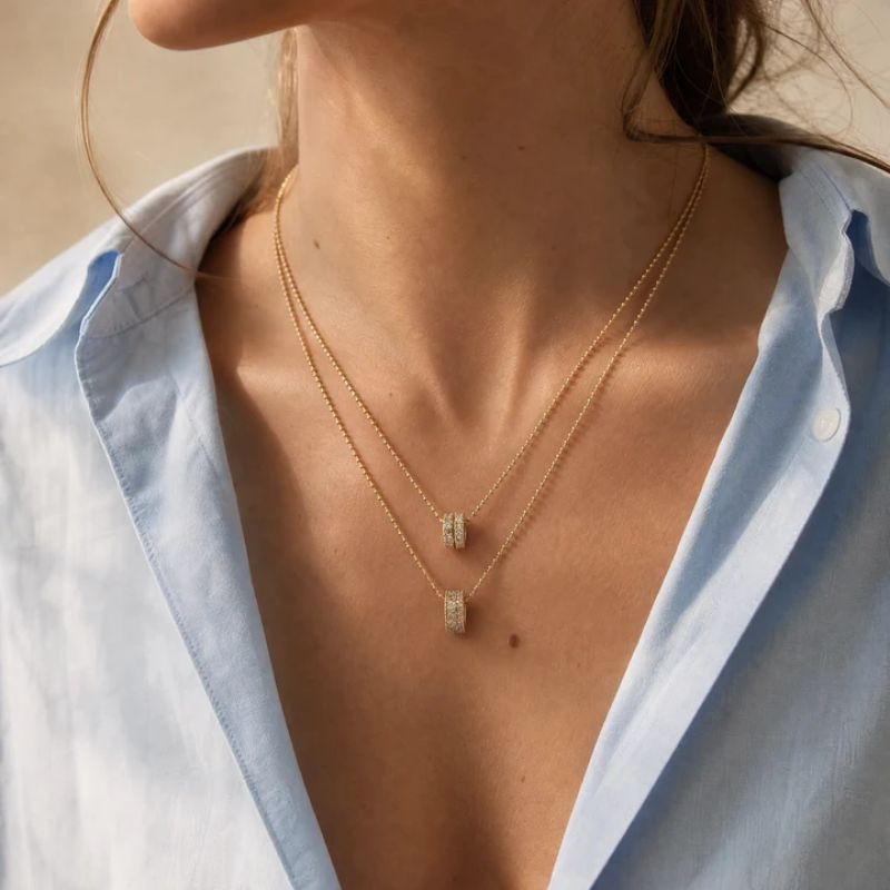 Double Baguette Barrel Rondelle Charm Necklace