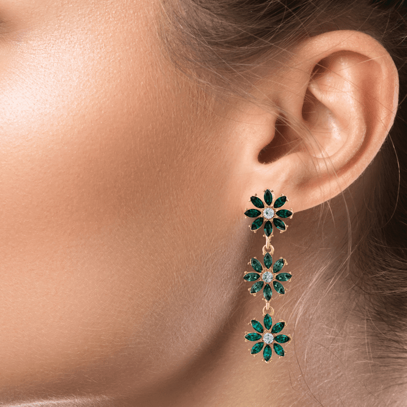 Triple Daisy Drop Multi Green Earrings