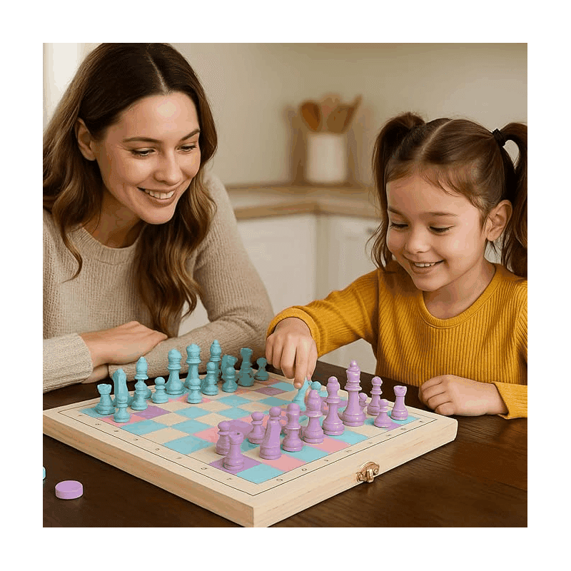 Colorful Wooden Chess and Checkers Set
