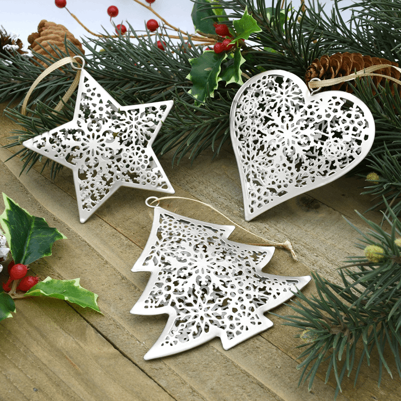 Set of 3 Silver Metal Christmas Tree Ornaments