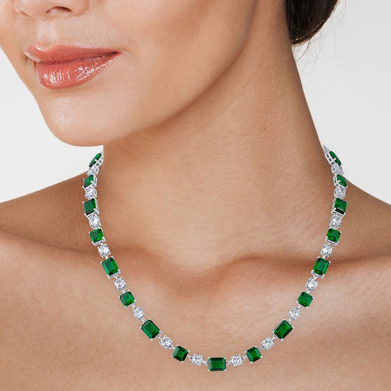 30Cttw Emerald/Round/Pear In CZ Alt Riviere Necklace