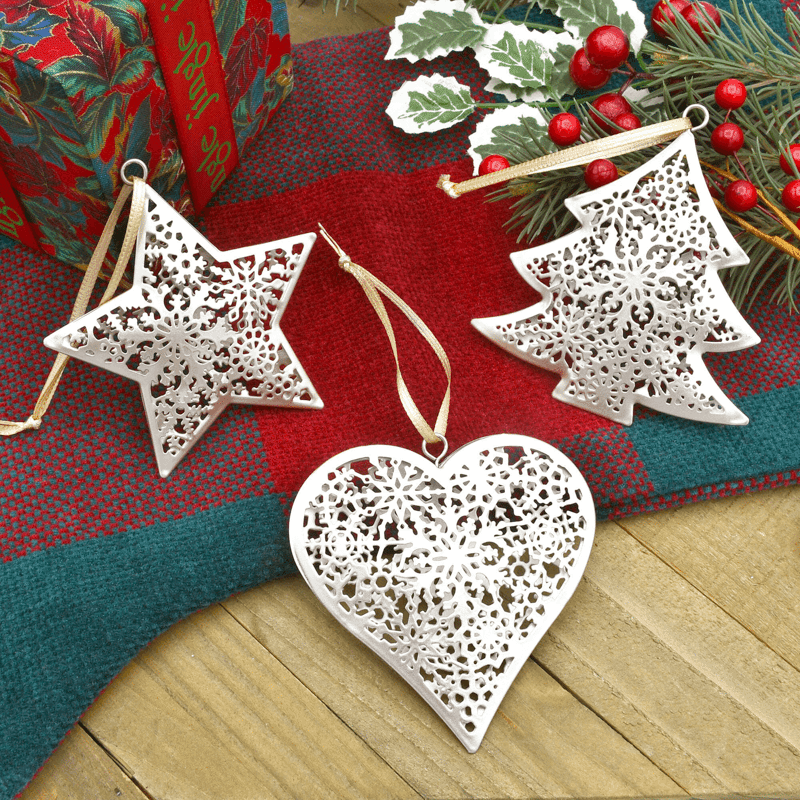 Set of 3 Silver Metal Christmas Tree Ornaments