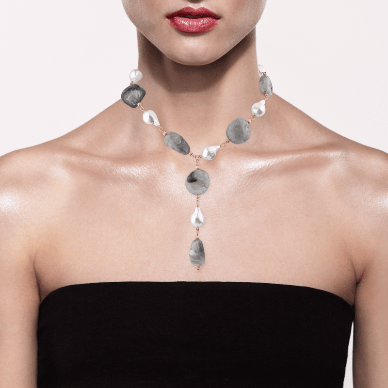White/Gray/Black Bead "Y" Necklace