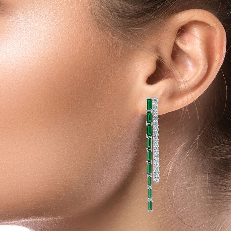 14Cttw Round/Baguette CZ Double Row Linear Earrings