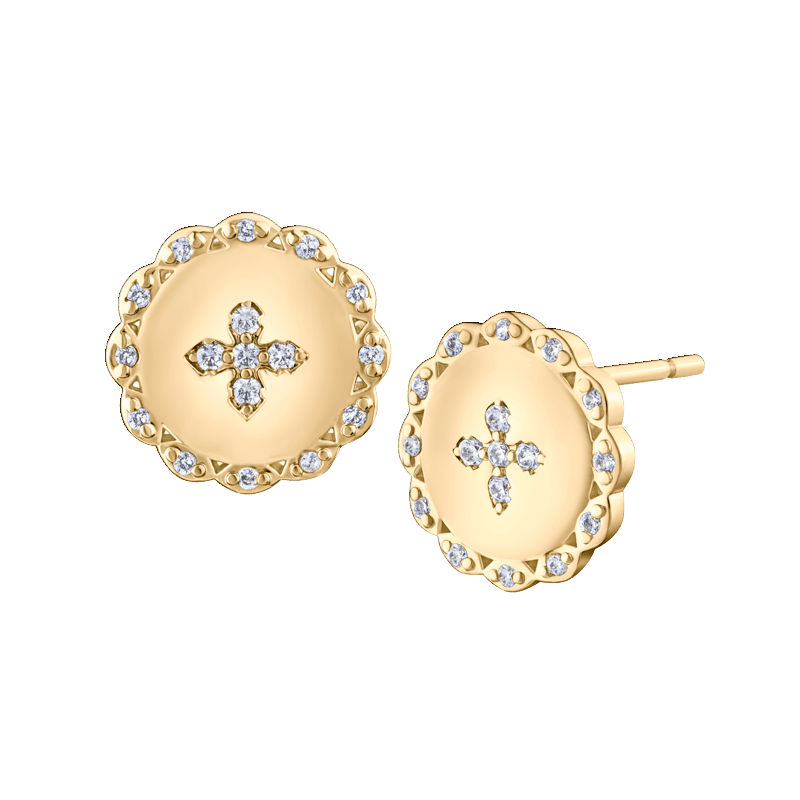 Crystal Cross/Rim On Button Gold Earrings